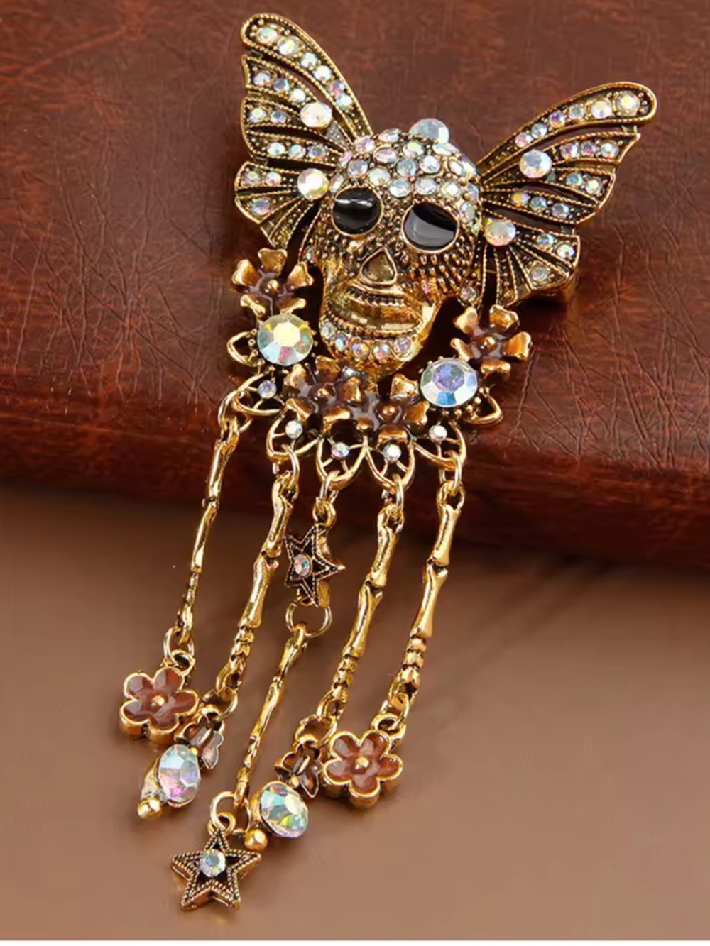 Butterfly Skull Crystal Dangle Brooch
